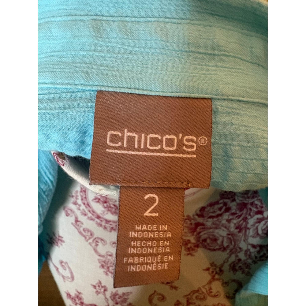 CHICO'S Turquoise Blue Lightweight Button Down Blouse Coastal SZ 2 Large - Picture 5 of 8